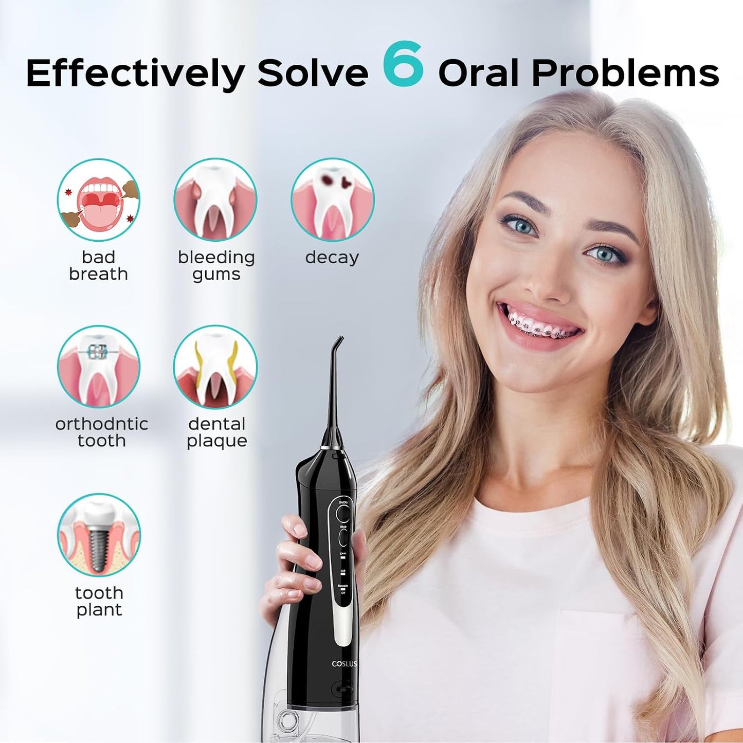 C20 Professional Cordless Water Flosser for Teeth, Braces, Gums Care - Daily Deep Cleaning, Rechargeable, Portable for Travel, Waterproof, 300Ml, Bpa-Free, Black