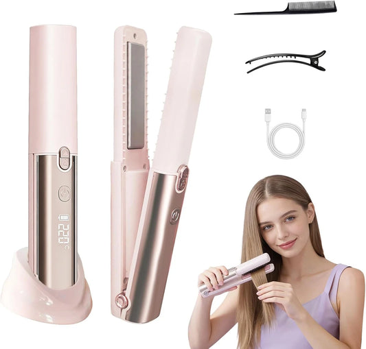 Cordless Hair Straightener and Curler, 4000mAh USB-C Rechargeable with 7 Temp Settings (Up to 220°C), Safety Lock & Auto Shut-off ,Mini Portable Styler with LED Display ,For Travel, Office and Daily Quick Styling - Pink