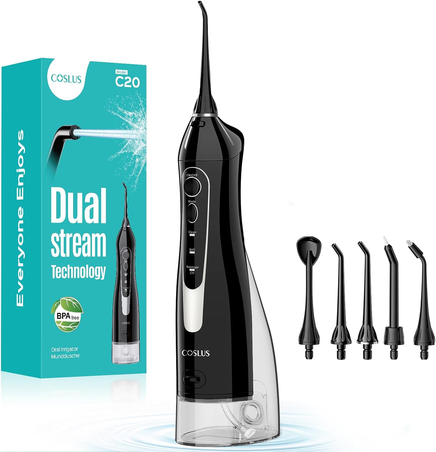 C20 Professional Cordless Water Flosser for Teeth, Braces, Gums Care - Daily Deep Cleaning, Rechargeable, Portable for Travel, Waterproof, 300Ml, Bpa-Free, Black
