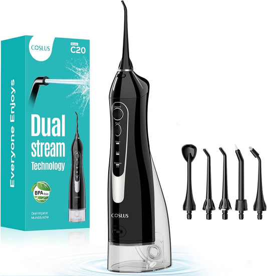 C20 Professional Cordless Water Flosser for Teeth, Braces, Gums Care - Daily Deep Cleaning, Rechargeable, Portable for Travel, Waterproof, 300Ml, Bpa-Free, Black