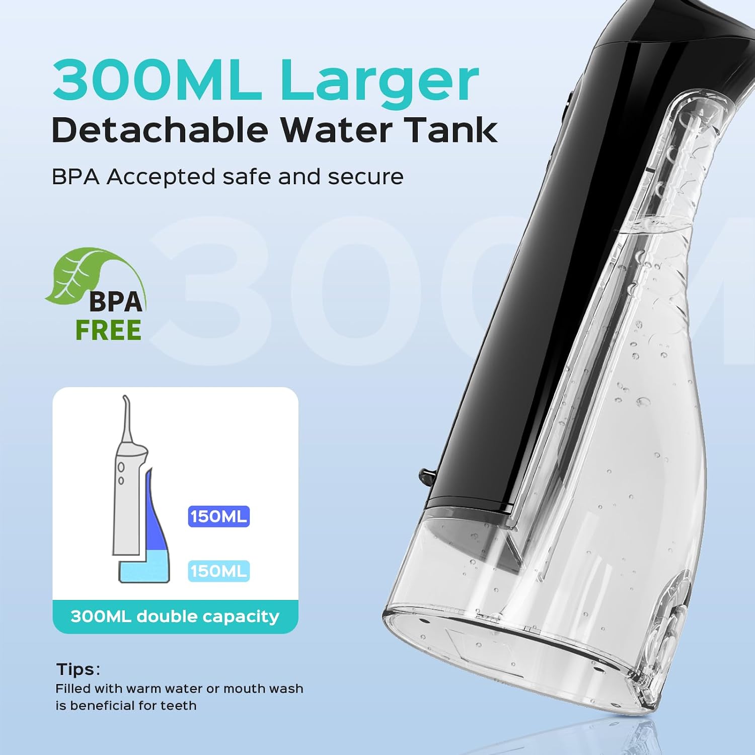 C20 Professional Cordless Water Flosser for Teeth, Braces, Gums Care - Daily Deep Cleaning, Rechargeable, Portable for Travel, Waterproof, 300Ml, Bpa-Free, Black