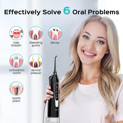 C20 Professional Cordless Water Flosser for Teeth, Braces, Gums Care - Daily Deep Cleaning, Rechargeable, Portable for Travel, Waterproof, 300Ml, Bpa-Free, Black